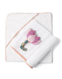 3 Pc Newborn Essential Set - Hooded Towel, Swaddle + Toy Rattle